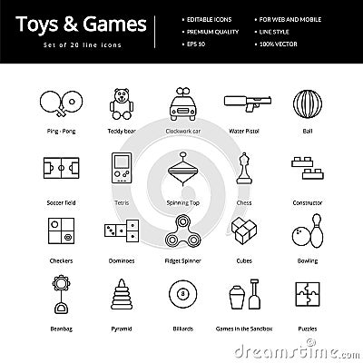Toys And Games Line Icons Vector Illustration