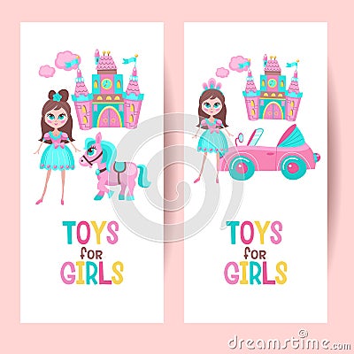 Toys for girls. Vector clipart. Beautiful girl doll. Fairy tale Vector Illustration