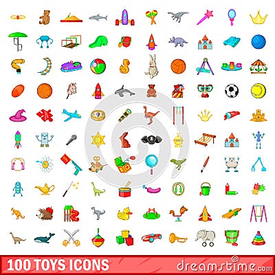 100 toys icons set, cartoon style Vector Illustration