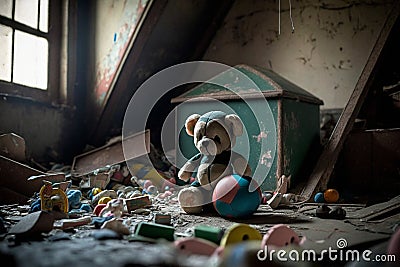 Toys inside a dark house Ganerative AI Stock Photo