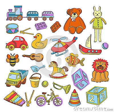 Toys isolated icons, kindergarten childish games, train and bear Vector Illustration