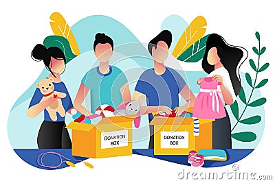 Toys and kids clothes donation. Vector trendy flat cartoon illustration. Social care, volunteering and charity concept Vector Illustration