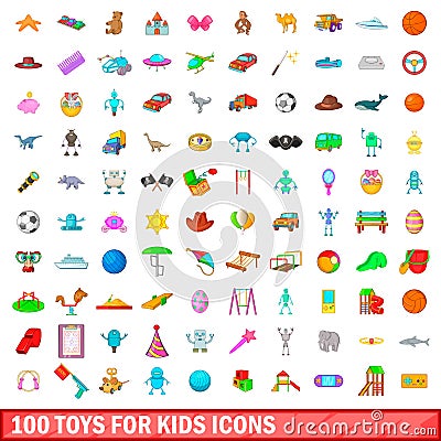 100 toys for kids icons set, cartoon style Vector Illustration