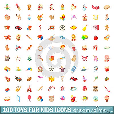 100 toys for kids icons set, cartoon style Vector Illustration