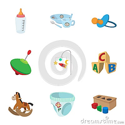 Toys for kids icons set, cartoon style Vector Illustration