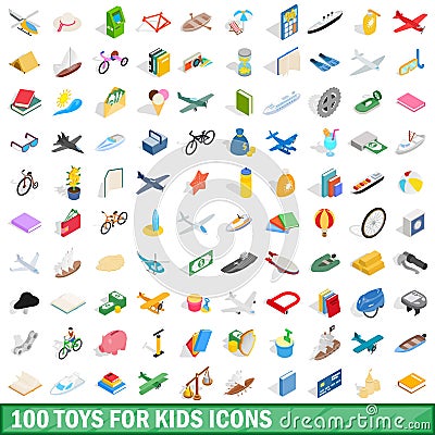 100 toys for kids icons set, isometric 3d style Vector Illustration