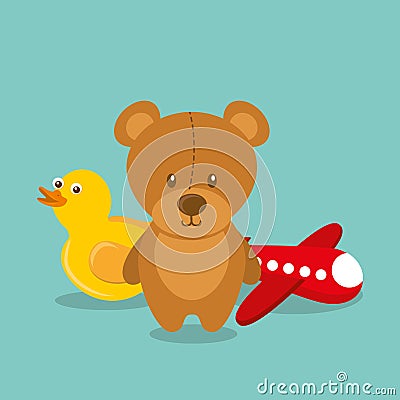 Toys for kids teddy rubber duck and airplane retro Vector Illustration