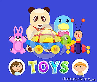 Toys and Kids, Boy and Girl with Fluffy Panda Vector Illustration