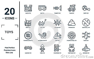 toys linear icon set. includes thin line castle toy, drum toy, thinking game toy, gamepad spinning ladybug skate icons for report Vector Illustration