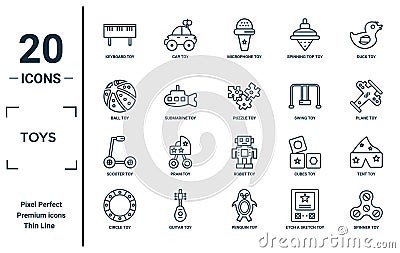 toys linear icon set. includes thin line keyboard toy, ball toy, scooter toy, circle spinner puzzle tent icons for report, Vector Illustration