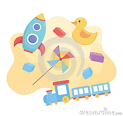 Toys object for small kids to play cartoon duck rocket pinwheel and train Vector Illustration