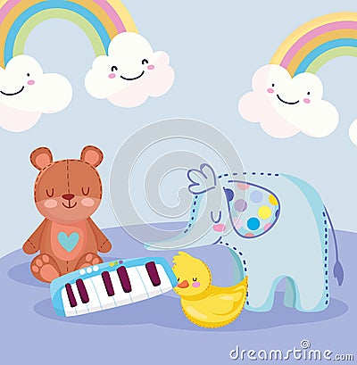 Toys object for small kids to play cartoon, elephant bear duck and piano Vector Illustration