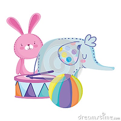 Toys object for small kids to play cartoon elephant rabbit ball and drum Vector Illustration