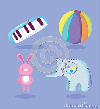 Toys object for small kids to play cartoon piano elephant rabbit and ball icons Vector Illustration