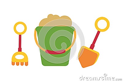 toys for sandbox. Baby bucket, rake, scapula. Colored objects on white background Stock Photo