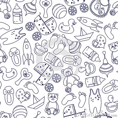 Toys seamless pattern. Figure Doodle blue on a white background for children. Vector. Vector Illustration