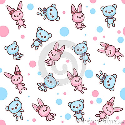 Toys seamless pattern. Teddy bear and bunny. Cozy pattern for childrens print and in the room for the child. Vector Vector Illustration