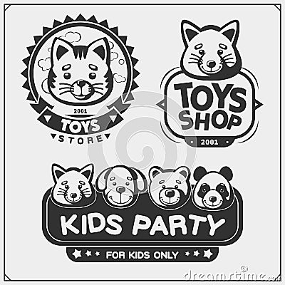 Toys shop and kids zone emblems, labels and design elements. Cute soft plush animal toys. Vector Illustration