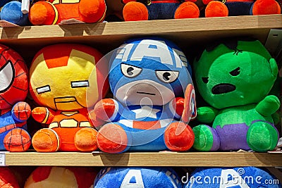 MINSK, BELARUS - December 20, 2019: Toys superheroes of the Marvel universe made by Miniso on store shelves. Editorial Stock Photo