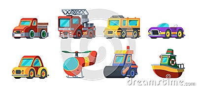 Toys vehicles. Mini transport cars boats airplanes bus trucks garish vector cartoon collections for kids pleasure Vector Illustration