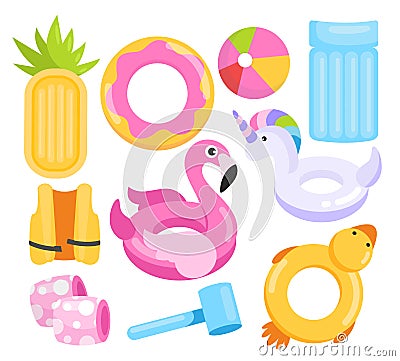 Toys water set, cartoon inflatable equipment collection Vector Illustration