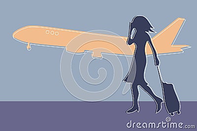 Active modern and stylish lady is hurrying to the plane or just landed and phoning someone. Vector Illustration