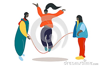 Cute disproportionate flat and simple illustration of girls cartoon characters in different spring outfits jumping across the rope Cartoon Illustration