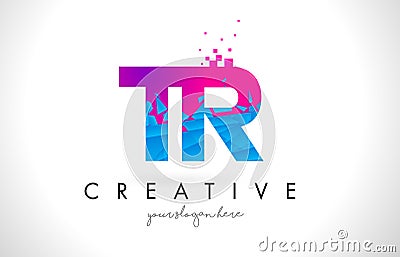 TR T R Letter Logo with Shattered Broken Blue Pink Texture Design Vector. Vector Illustration