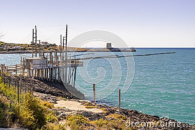 Trabucco of Furcichella, Characteristic wooden fishing house on the adriatic coast of Italy, Peschici, Gargano Stock Photo