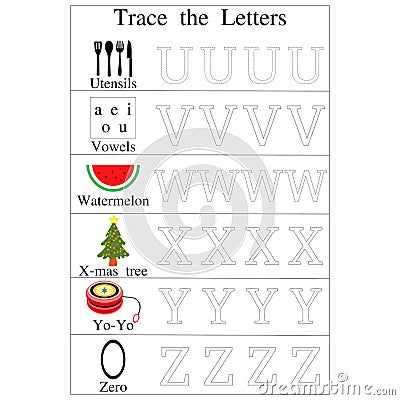 Trace alphabet uppercase letters U to Z Cartoon Illustration