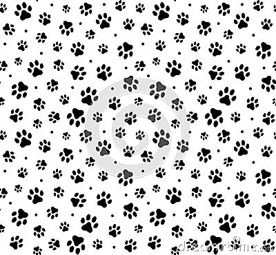 Trace black doodle paw prints seamless pattern background Vector Illustration