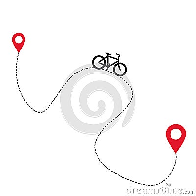 A trace with a bycicle and location marks on a white background Vector Illustration