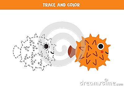 Trace and color cartoon cute blowfish. Worksheet for children Vector Illustration