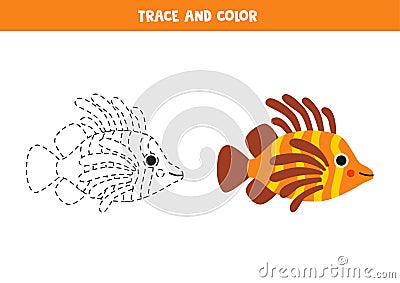 Trace and color cartoon cute lionfish. Worksheet for children Vector Illustration