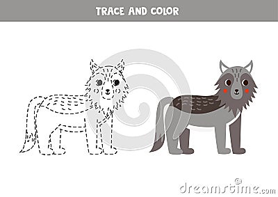 Trace and color cartoon wolf. Worksheet for children Vector Illustration