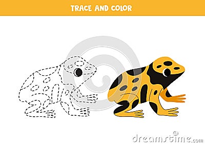Trace and color cartoon yellow banded poison dart frog . Worksheet for children. Vector Illustration