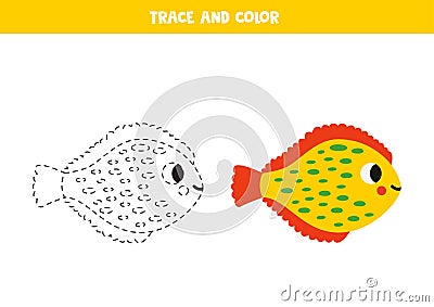 Trace and color cute cartoon plaice. Worksheet for kids Vector Illustration