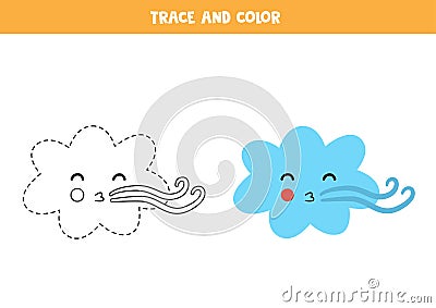 Trace and color cute wind cloud. Worksheet for kids. Vector Illustration