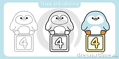 Trace and coloring page for kid.Painted book.Cute penguin with number four on box cartoon Vector Illustration