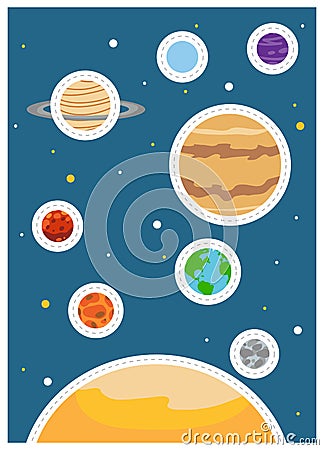 Trace the dotted circles, education game for children. Planets of the solar system Vector Illustration