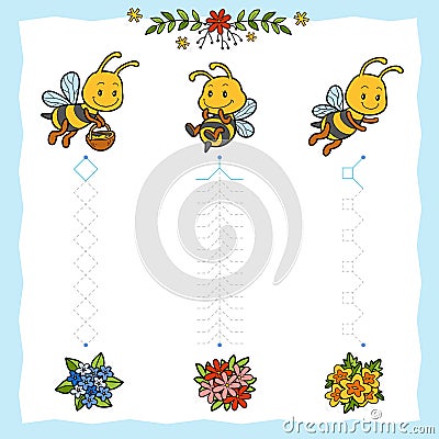 Trace the dotted lines from bees to flowers. Connect the dots, education game for children Vector Illustration