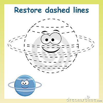 Trace game for children. Cartoon Uranus planet. Restore dashed Vector Illustration