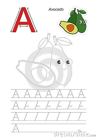 Trace game for letter A. Ripe Avocado. Vector Illustration