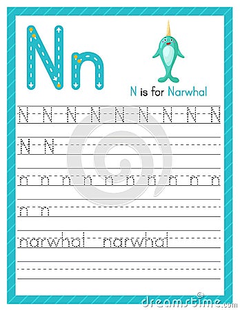 Trace letter N uppercase and lowercase. Alphabet tracing practice preschool worksheet for kids learning English with cute cartoon Vector Illustration