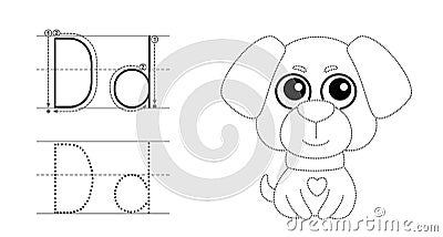 Trace the letter and picture and color it. Educational children tracing game. Coloring alphabet. Letter D and funny dog Vector Illustration