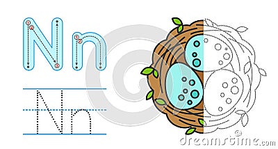 Trace the letter and picture and color it. Educational children tracing game. Coloring alphabet. Letter N and Nest with Vector Illustration