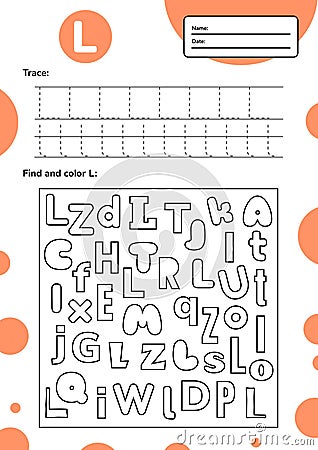 Trace letter worksheet a4 for kids preschool and school age. Game for children. Find and color Cartoon Illustration
