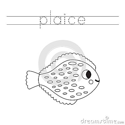 Trace the letters and color cartoon plaice fish. Handwriting practice for kids Vector Illustration