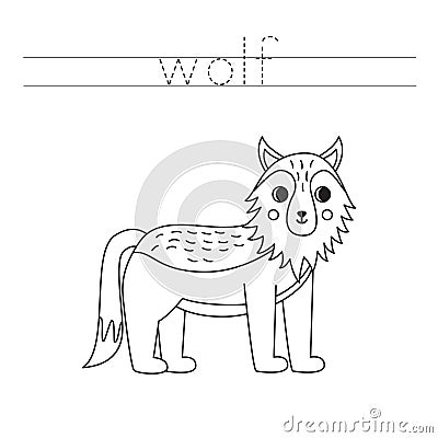 Trace the letters and color cartoon wolf. Handwriting practice for kids Vector Illustration