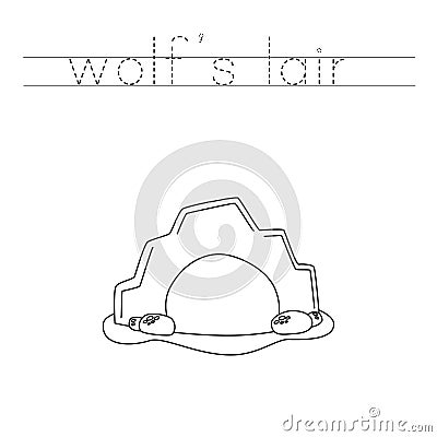 Trace the letters and color cartoon wolf lair. Handwriting practice for kids Vector Illustration